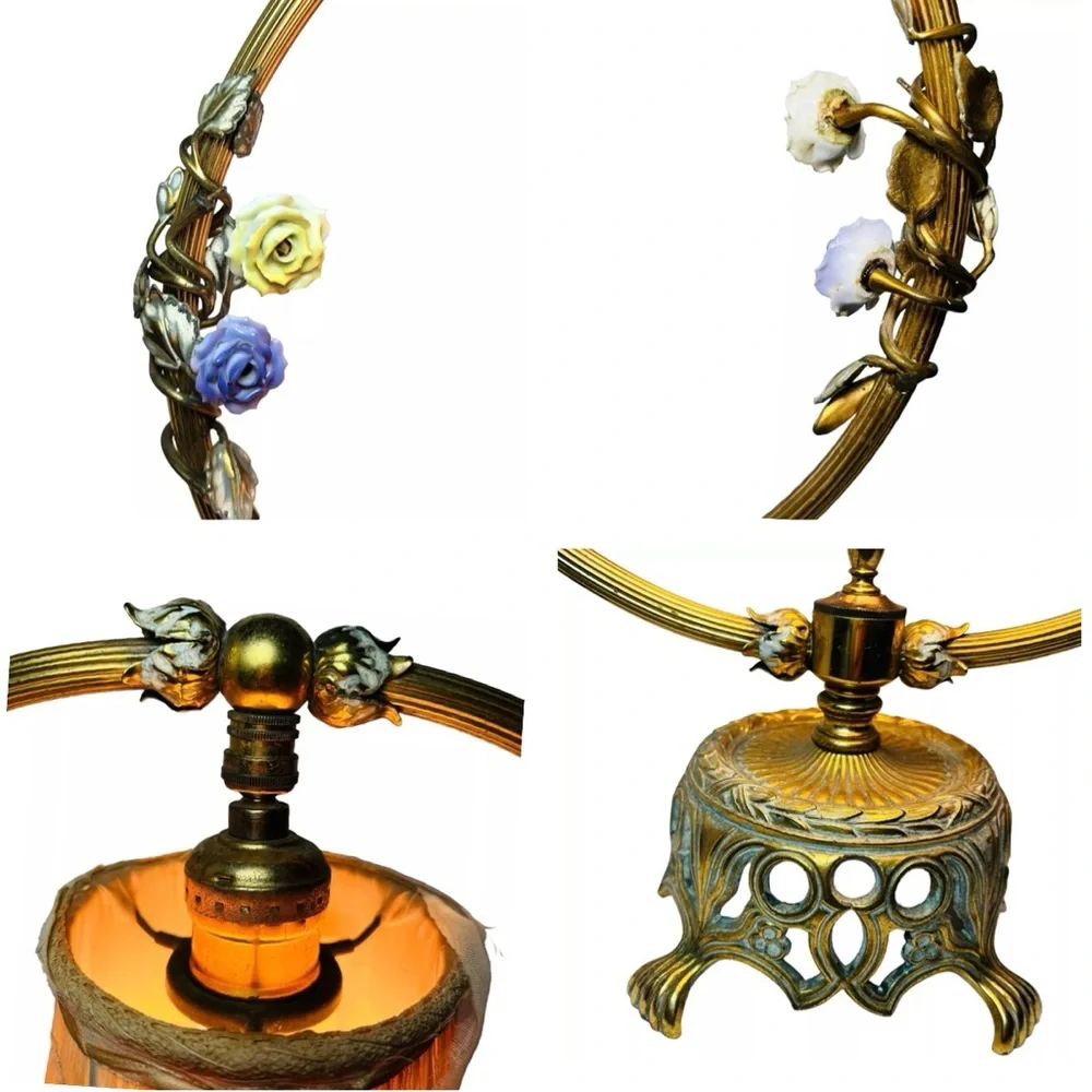 Vintage French‎ Ormolu Porcelain Flowers Tole Toleware Boudoir Gold Circle Lamp